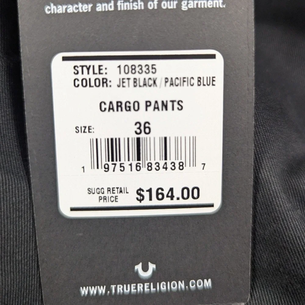 NEW True Religion Mens Cargo Pants Jet Black Pacific Blue Stitching Size 36